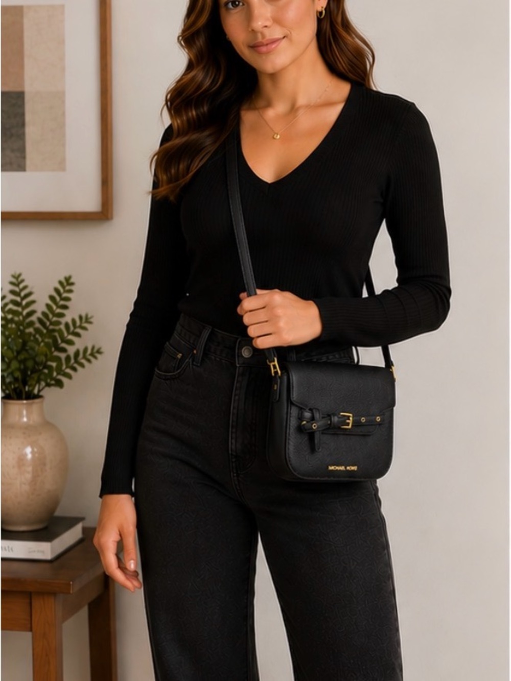 MICHAEL KORS Black Pebbled Leather Belt-Detail Crossbody Bag
